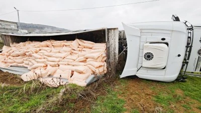G&uuml;bre y&uuml;kl&uuml; tır devrildi