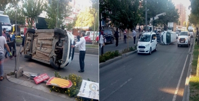 OTOMOBİL YOL ORTASINA YAN YATTI